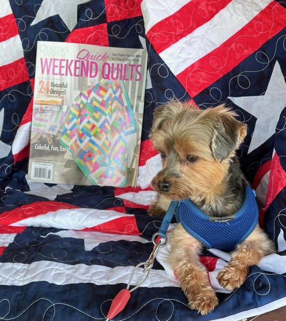 Quilter's World Quick Weekend Quilts magazine issue with patriotic quilt and Loki the Yorkie